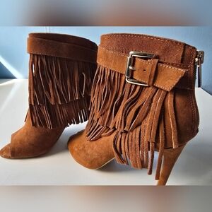 Express Boho Suede Fringe Peep Toe Brown Boots 7